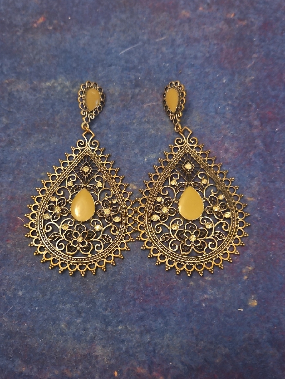 3 for $15 Vintage Gold-Tone Filigree Teardrop Earrings with Yellow Accent